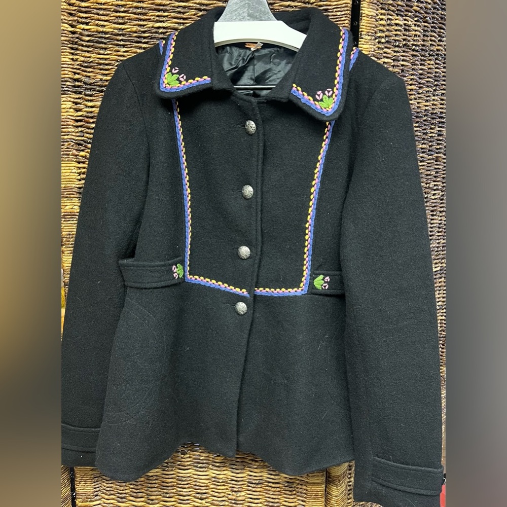 Free People- 100% LambsWool- Embroidered Black Women's‎ Jacket, Size: Large